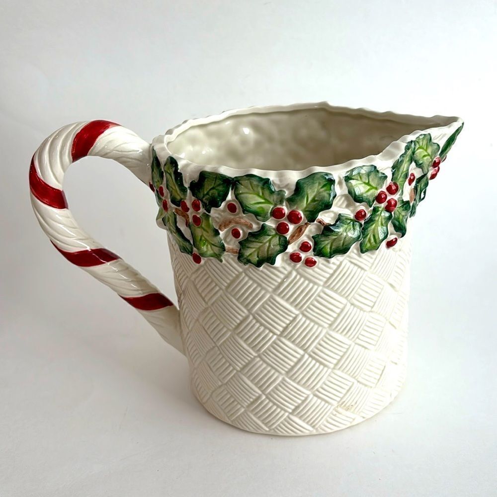 Vintage Fitz & Floyd Old World Christmas Holly Pitcher Candy Cane Handle